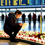Memorial at Zaventem Airport**

"A somber scene at Zaventem Airport in Brussels, showing a memorial with flowers, candles, and handwritten notes dedicated to the victims of the 2016 attacks. People are gently placing flowers, some with tears in their eyes, all fully clothed in respectful attire. Background shows the airport terminal with soft lighting. The overall mood is one of remembrance and quiet solidarity. Safe for work, appropriate content, family-friendly, perfect anatomy, natural proportions, high quality."

**
