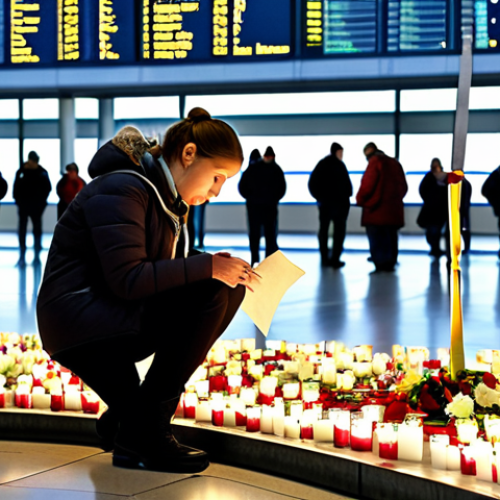 Home 14 Memorial at Zaventem Airport**
"A somber scene at Zaventem Airport in Brussels, showing a memorial with flowers, candles, and handwritten notes dedicated to the victims of the 2016 attacks. People are gently placing flowers, some with tears in their eyes, all fully clothed in respectful attire. Background shows the airport terminal with soft lighting. The overall mood is one of remembrance and quiet solidarity. Safe for work, appropriate content, family-friendly, perfect anatomy, natural proportions, high quality."
**