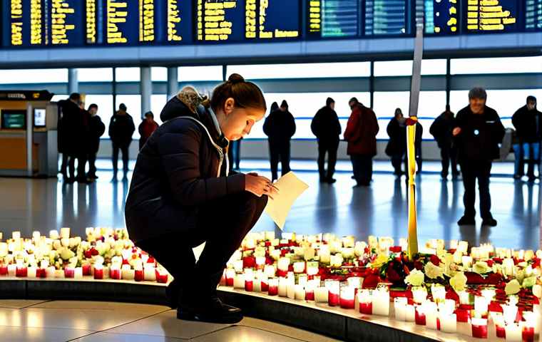 Memorial at Zaventem Airport**

"A somber scene at Zaventem Airport in Brussels, showing a memorial with flowers, candles, and handwritten notes dedicated to the victims of the 2016 attacks. People are gently placing flowers, some with tears in their eyes, all fully clothed in respectful attire. Background shows the airport terminal with soft lighting. The overall mood is one of remembrance and quiet solidarity. Safe for work, appropriate content, family-friendly, perfect anatomy, natural proportions, high quality."

**