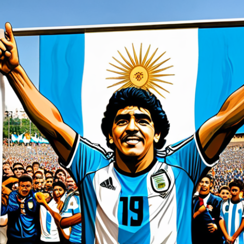 Home 9 The National Hero**
A vibrant mural depicting Diego Maradona in his prime, wearing the Argentina national team jersey, surrounded by cheering crowds waving Argentinian flags. The style should be realistic with a touch of street art aesthetic. Include the words "El Pibe de Oro" (The Golden Boy) somewhere in the mural design. Make sure it is safe for work, appropriate content, fully clothed, professional, and includes perfect anatomy and natural proportions.
**